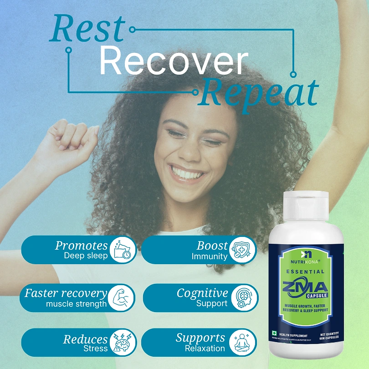 Nutrikona ZMA | Zinc + Magnesium + Vitamin B6 | 60 Capsules