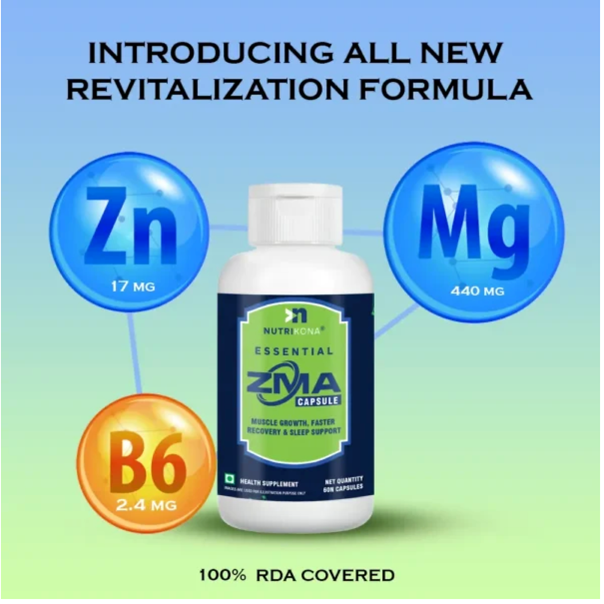 Nutrikona ZMA | Zinc + Magnesium + Vitamin B6 | 60 Capsules
